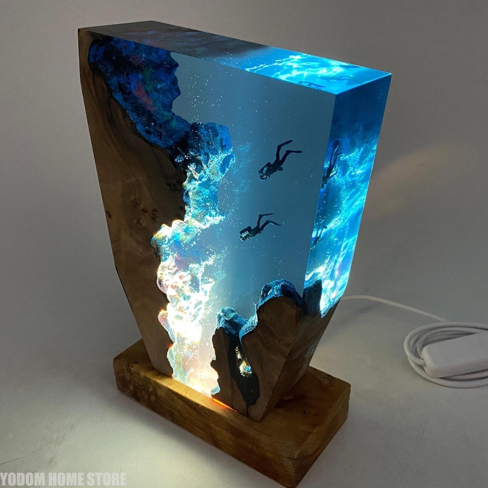Resin Art Ocean - โคมไฟเรซิ่นรูปสิ่งมีชีวิตใต้ทะเล ดีไซน์สร้างสรรค์ ตกแต่งบ้าน โคมไฟธีมสำรวจถ้ำดำน้ำ ไฟกลางคืน ชาร์จ
