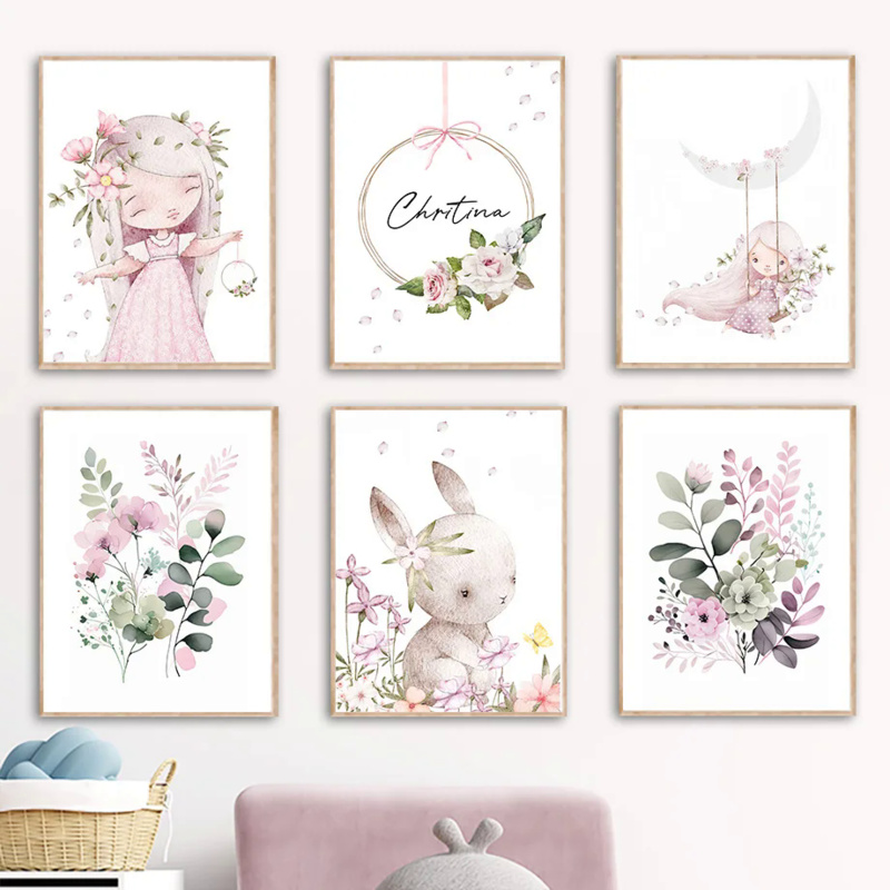 Resin Art On Wall - ภาพตกแต่งผนังสไตล์การ์ตูนนอร์ดิก ปี 2026 ลายกระต่ายสีชมพู ดอกไม้ ชื่อเด็กผู้หญิง