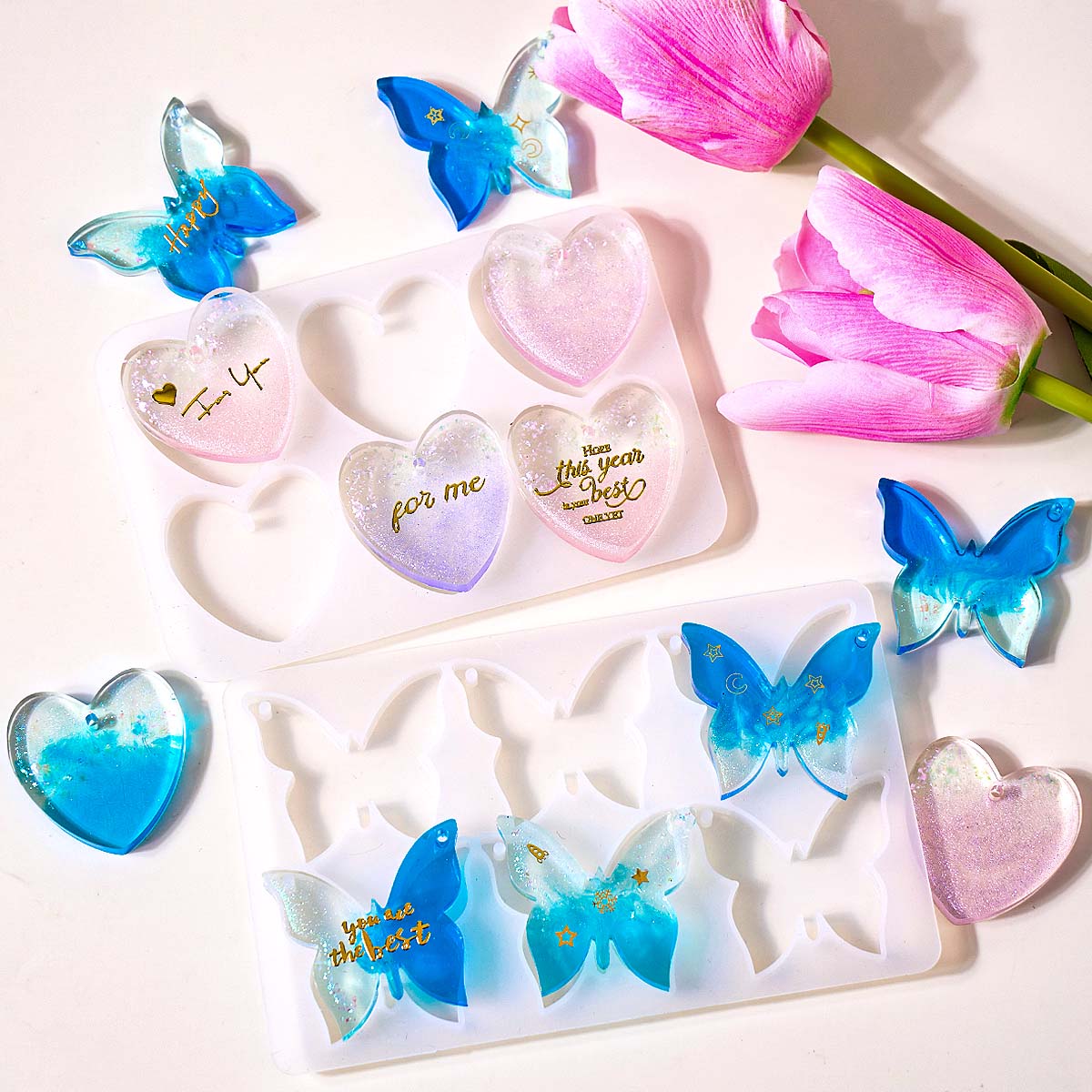 Resin Art Kit With Molds - แม่พิมพ์ซิลิโคนรูปหัวใจผีเสื้อแบบหกหลุมสำหรับทำต่างหูเรซิ่นอีพ็อกซี่ DIY จี้พวงกุญแจ งานฝีมือเครื่องประดับ