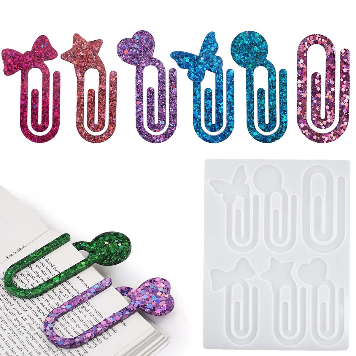 Resin Art Kit With Molds - คริสตัลอีพ็อกซี่เรซินแม่พิมพ์ DIY ผู้ถือคลิปหนีบกระดาษ Bookmark คลิปกระจกซิลิโคนแม่พิมพ์อุปกรณ์สํานักงานเครื่องประดับหัตถกรรมอุปกรณ์เสริม