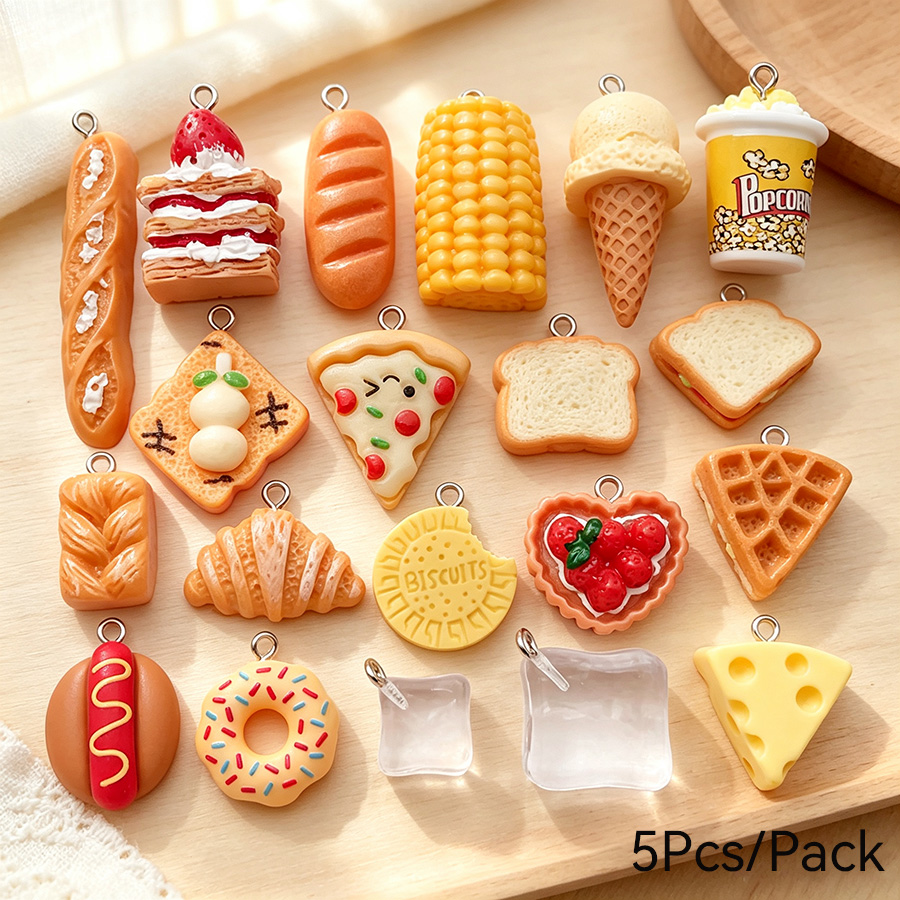 Resin Art Kits For Adults - จี้เรซิ่นรูปอาหาร 5 ชิ้น/แพ็ค สำหรับทำเครื่องประดับ ขนมปัง เค้ก