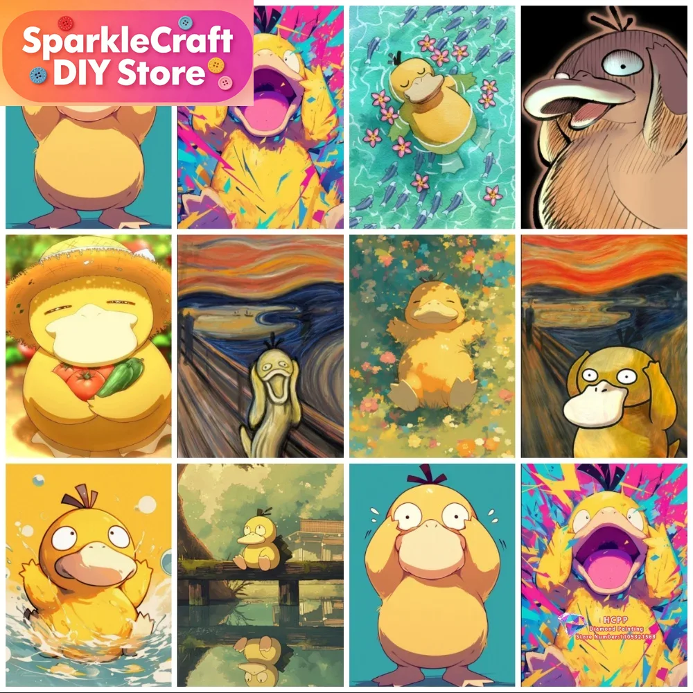 Resin Art On Wall - ภาพวาดเพชร 5 มิติ ลายการ์ตูน Psyduck แบบไร้กรอบ